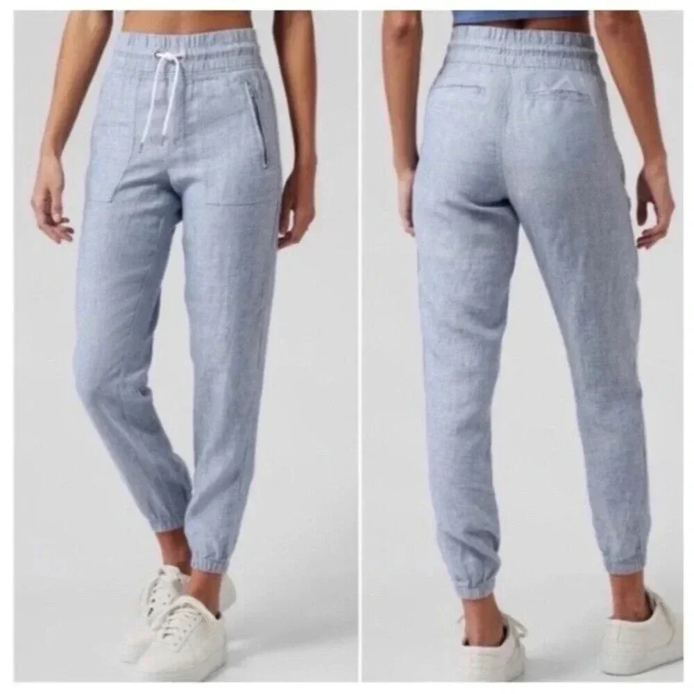 Athleta Linen Cabo Jogger Pants Blue Chambray Travel Beach Outdoor Size 12
